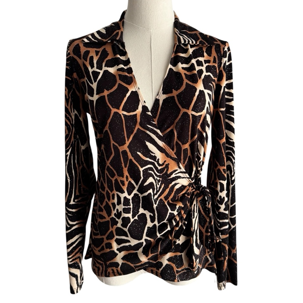 Vintage Y2K 2000s Animal Print Wrap Top Sz S Brown Giraffe Glitter Tie Waist EUC